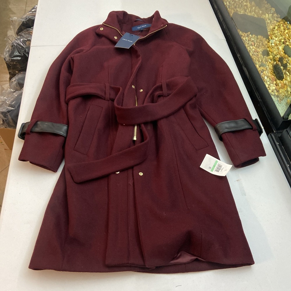 Cole Haan Women's Wool Blend Coat Size 8 Burgundy Belted Melton Raglan Jacket 35
